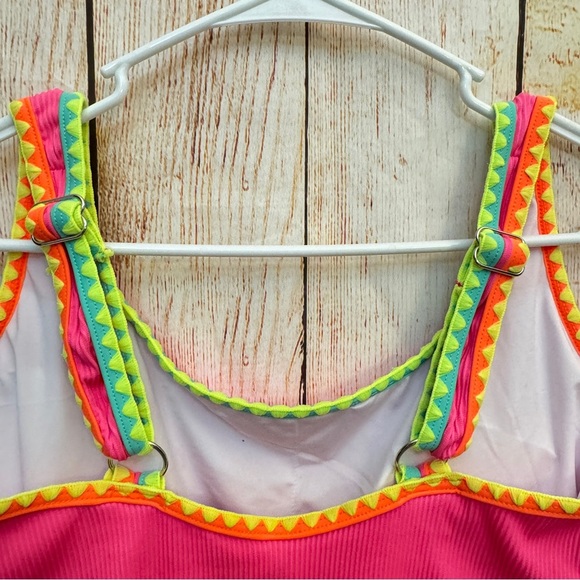 Neon Pink One-Piece Swimsuit with Colorful Trim Sz L​ - Picture 5 of 8